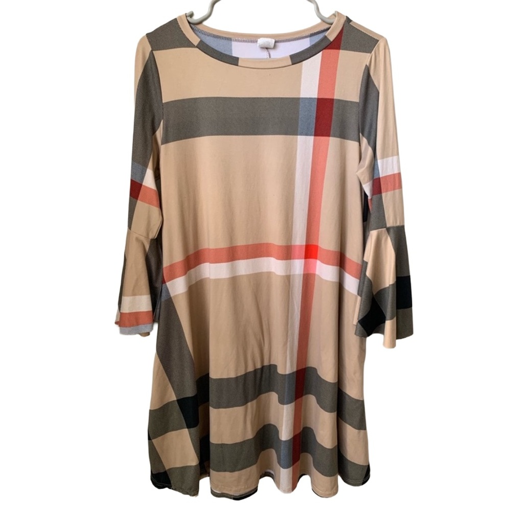 Women’s Tan Black Red and White Plaid Midi Dress w/ 3/4 Bell Sleeves Size: Large